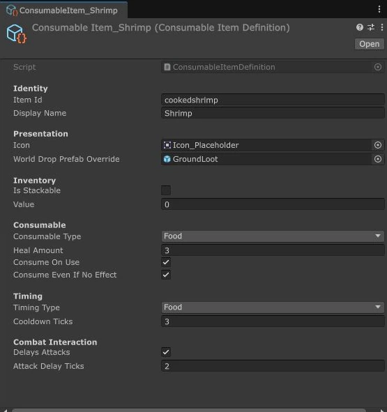 Actual Unity Inspector: cooked Shrimp food and timing settings.
