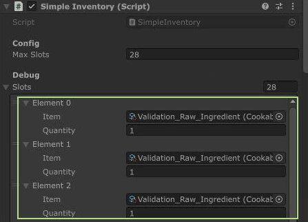 Isolated development-code Play Mode: SimpleInventory holds three raw test ingredients before cooking.