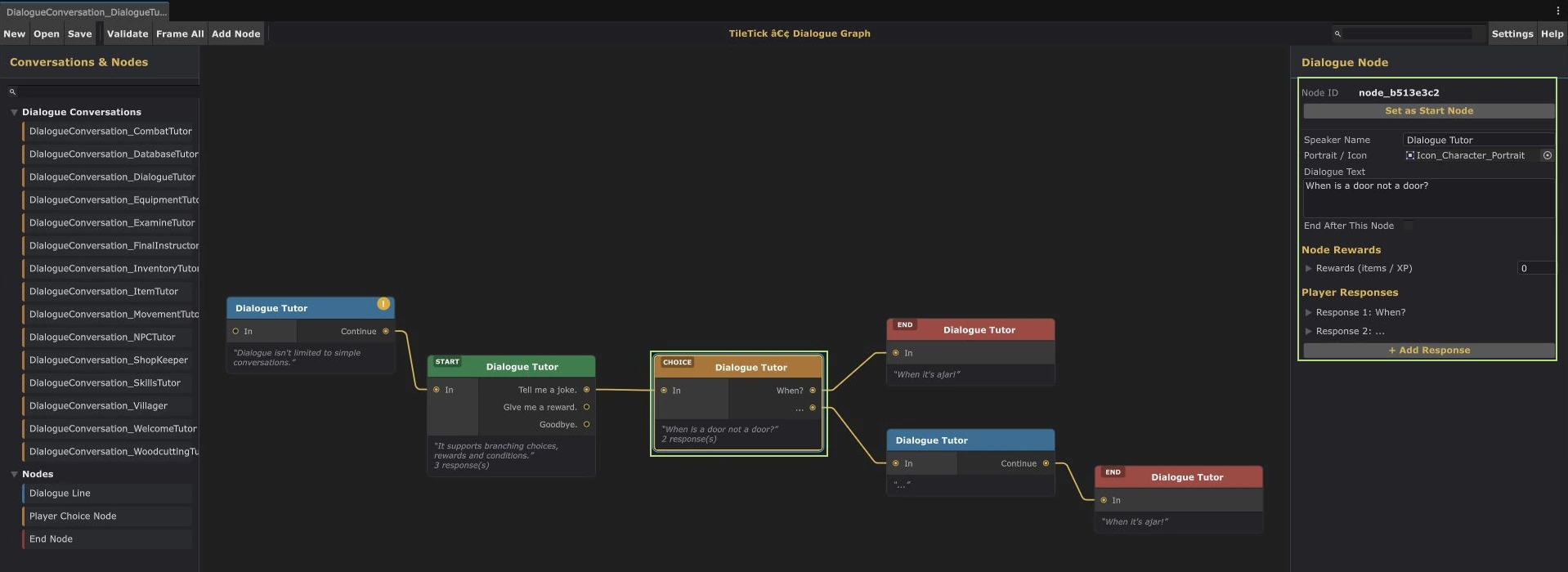 Actual Dialogue Graph editor showing a selected choice node, branch connections and its node Inspector.