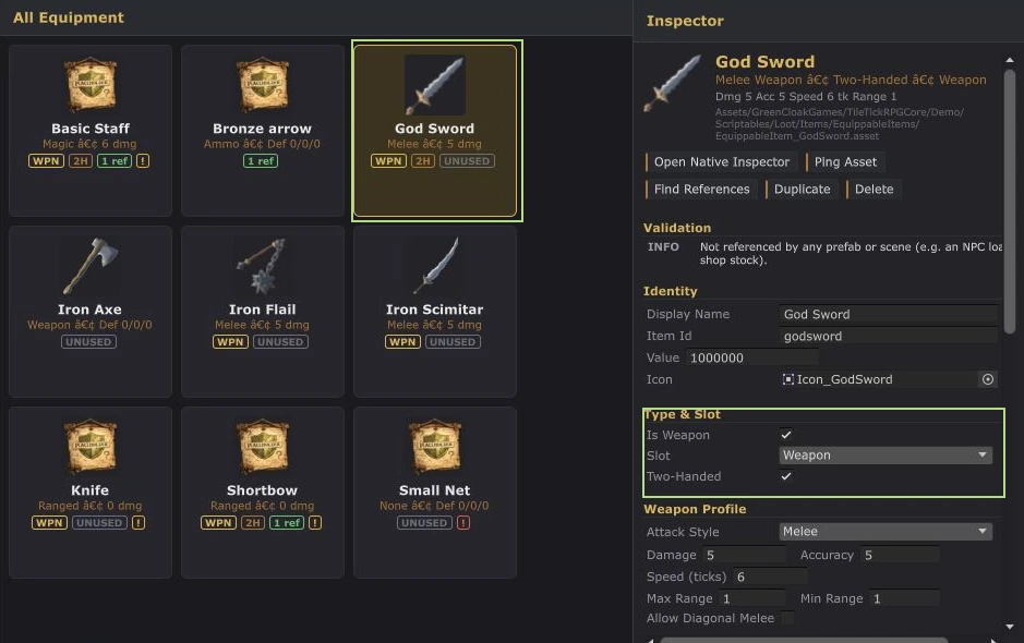 Actual Equipment Database showing a weapon slot, two-handed flag, melee profile and timing.