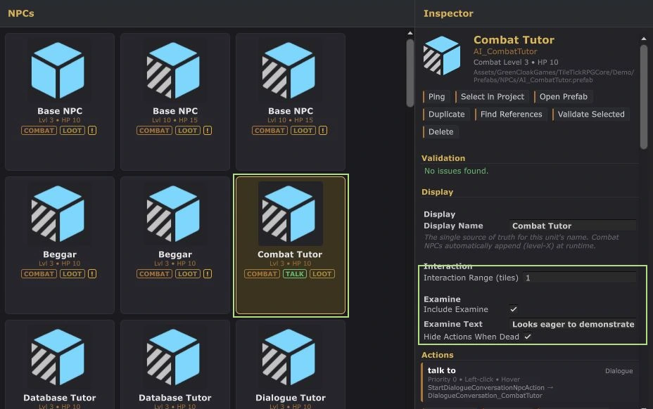 Actual NPC Database showing Combat Tutor, validation, interaction range and dialogue action.