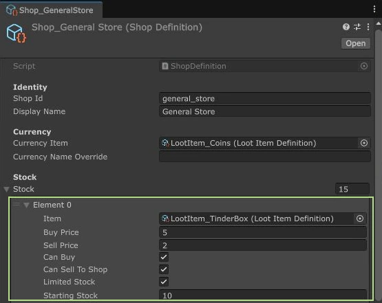 Actual Shop Definition Inspector with stable shop ID, Coins currency, buy and sell prices and limited starting stock.