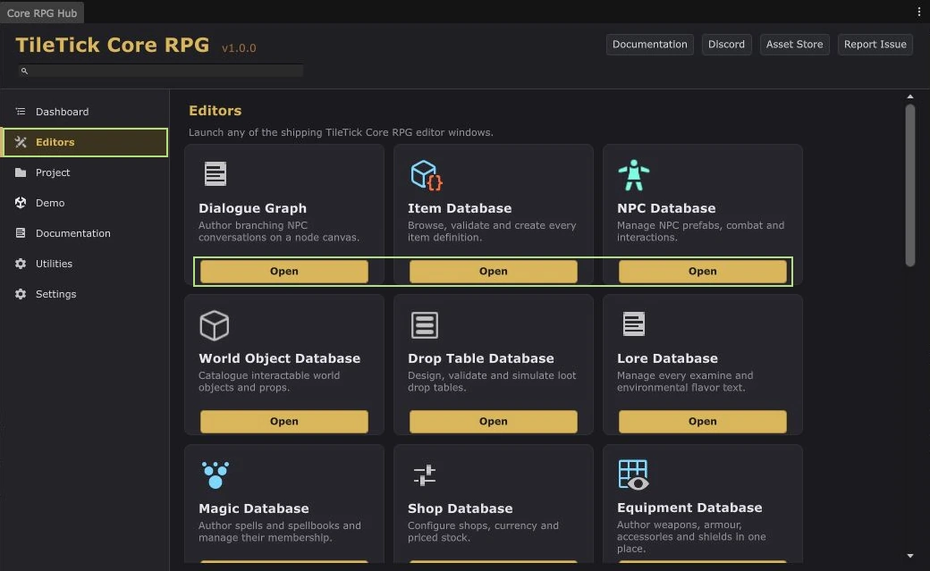 Actual Core RPG Hub with designer database editor launch cards.